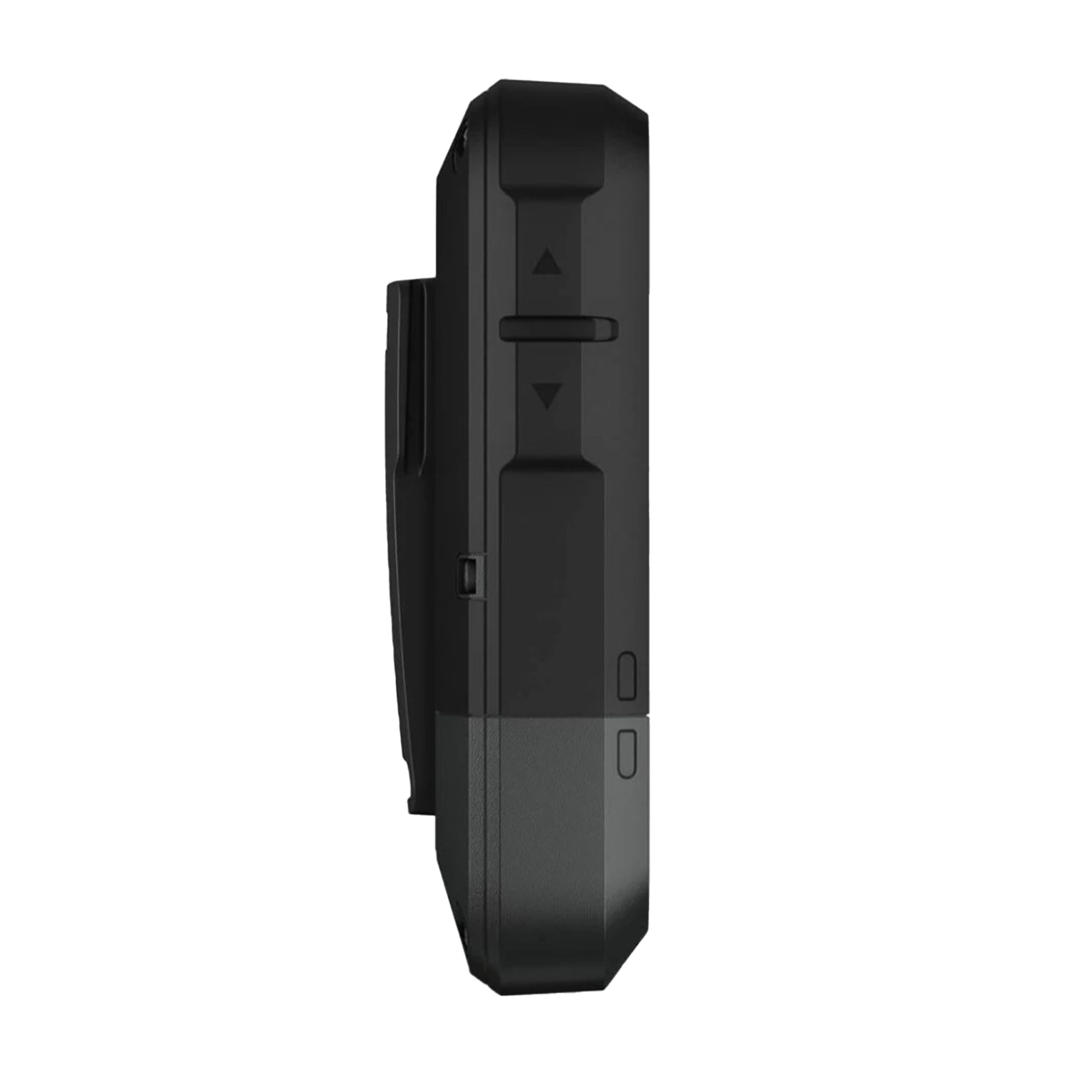 Dashcam nera, vista laterale, che mostra i pulsanti laterali e una clip.