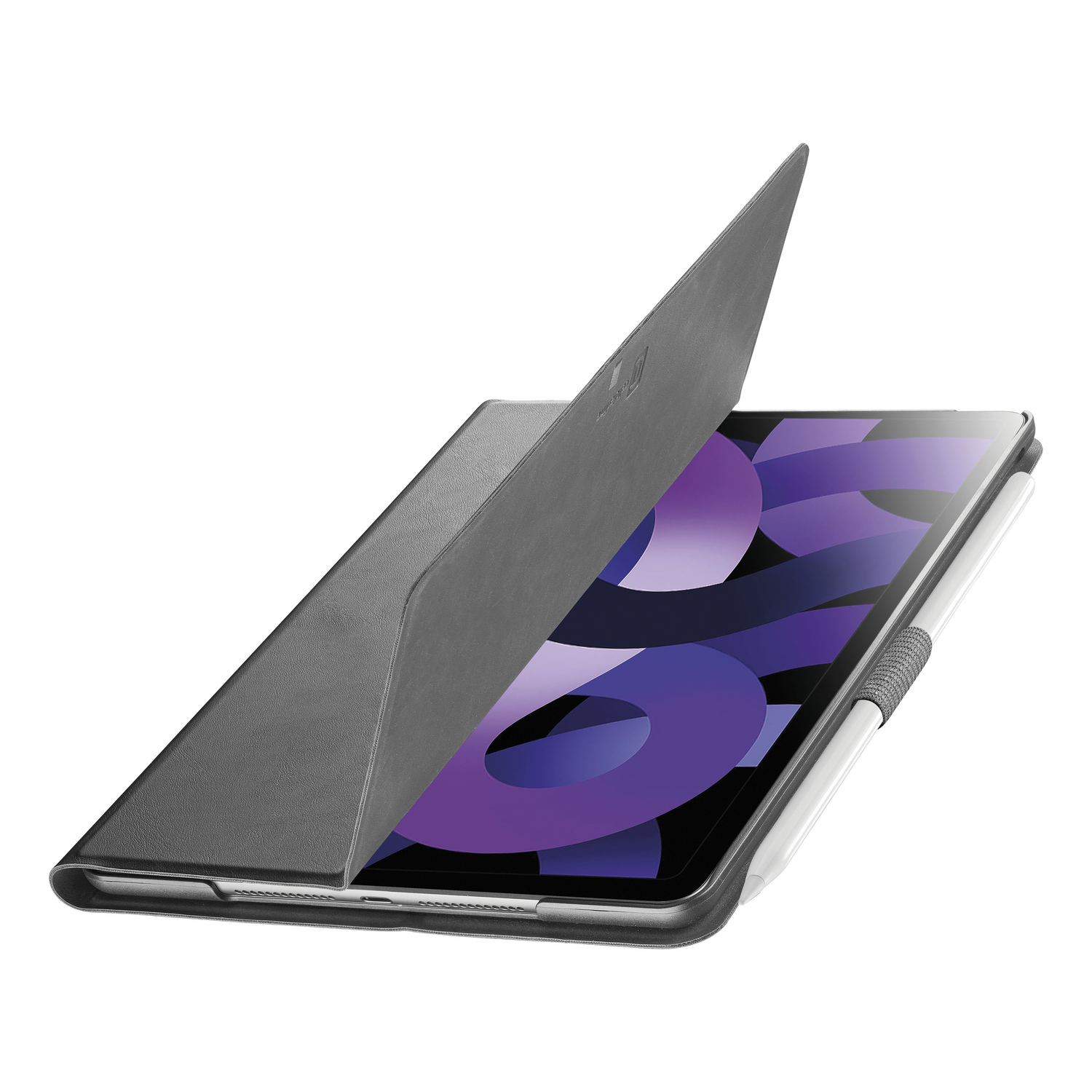 Een iPad in een zwarte hoes, met de cover gedeeltelijk open en een stylus.