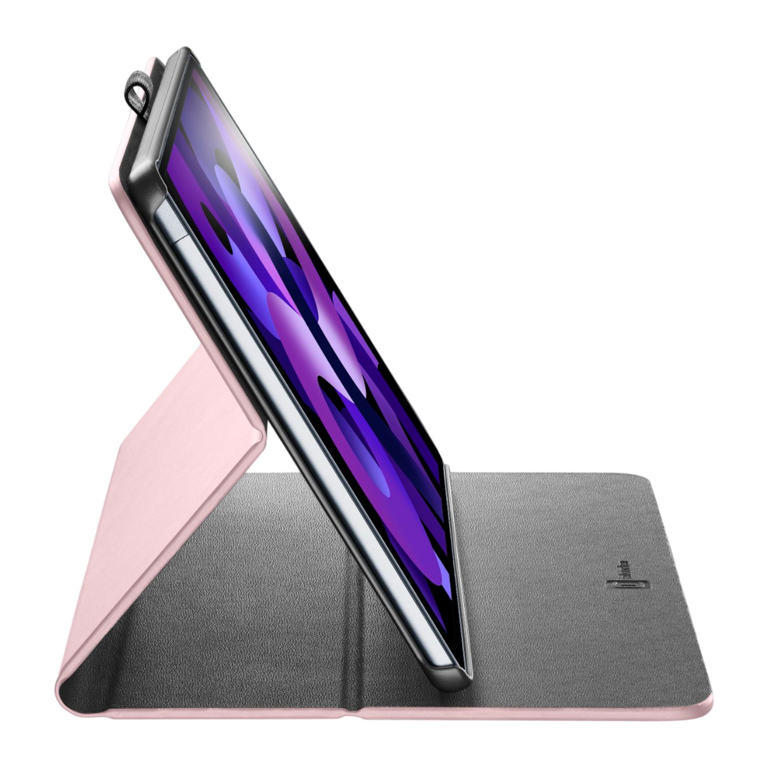 Tablet in een roze hoes, rechtop gezet. Zwart scherm en stylus. Grijze en roze kleuren.