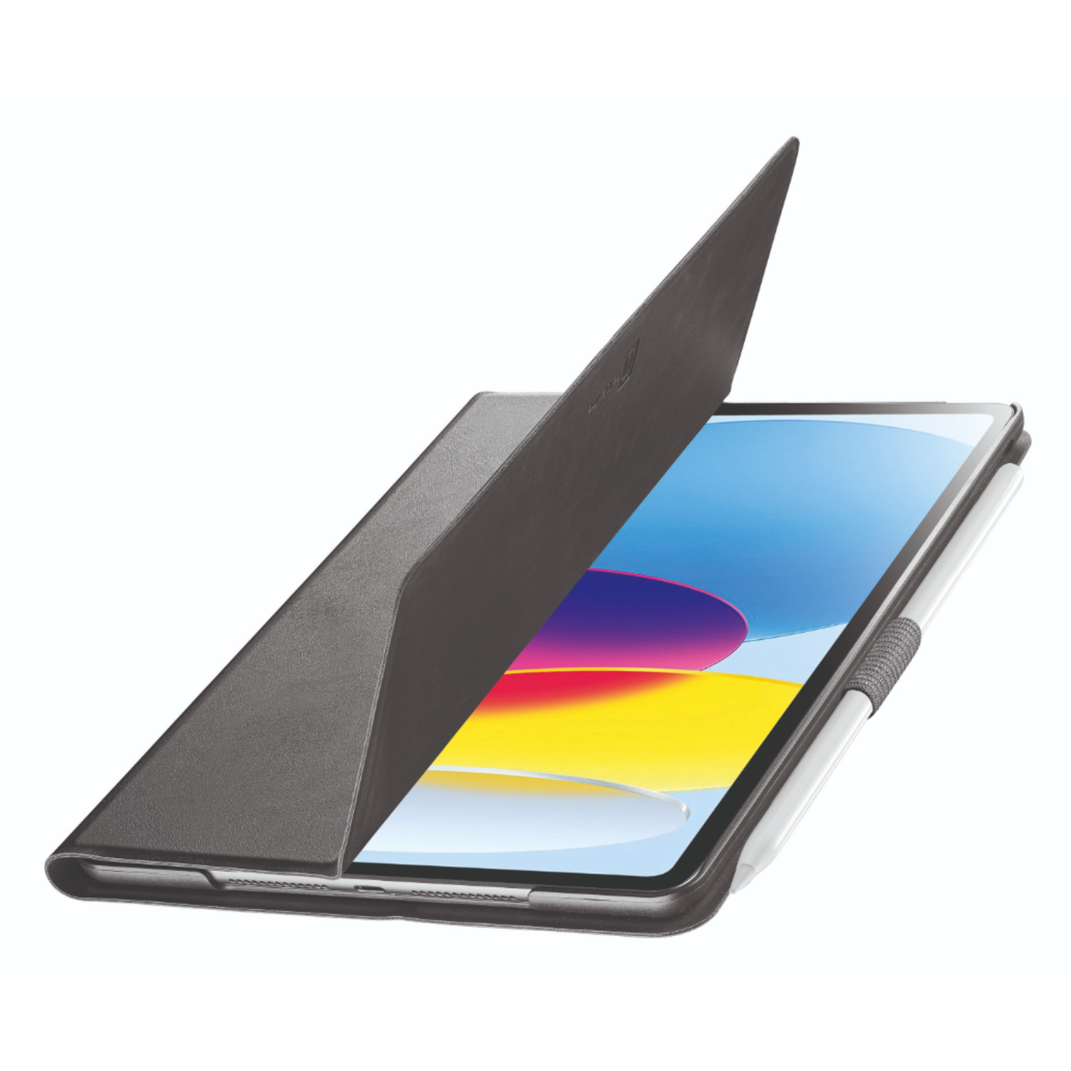 Tablet with cover open, showing screen, stylus, grey cover and black frame on white.