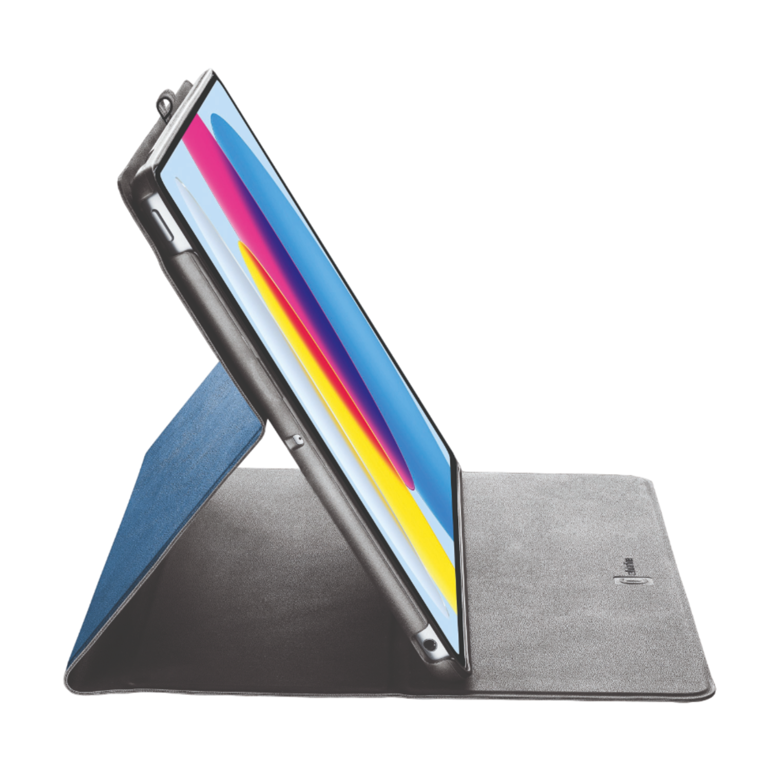Tablet in een hoesje, staand. Scherm toont kleurrijke abstracte kunst. Blauwe, grijze en zwarte hoes.