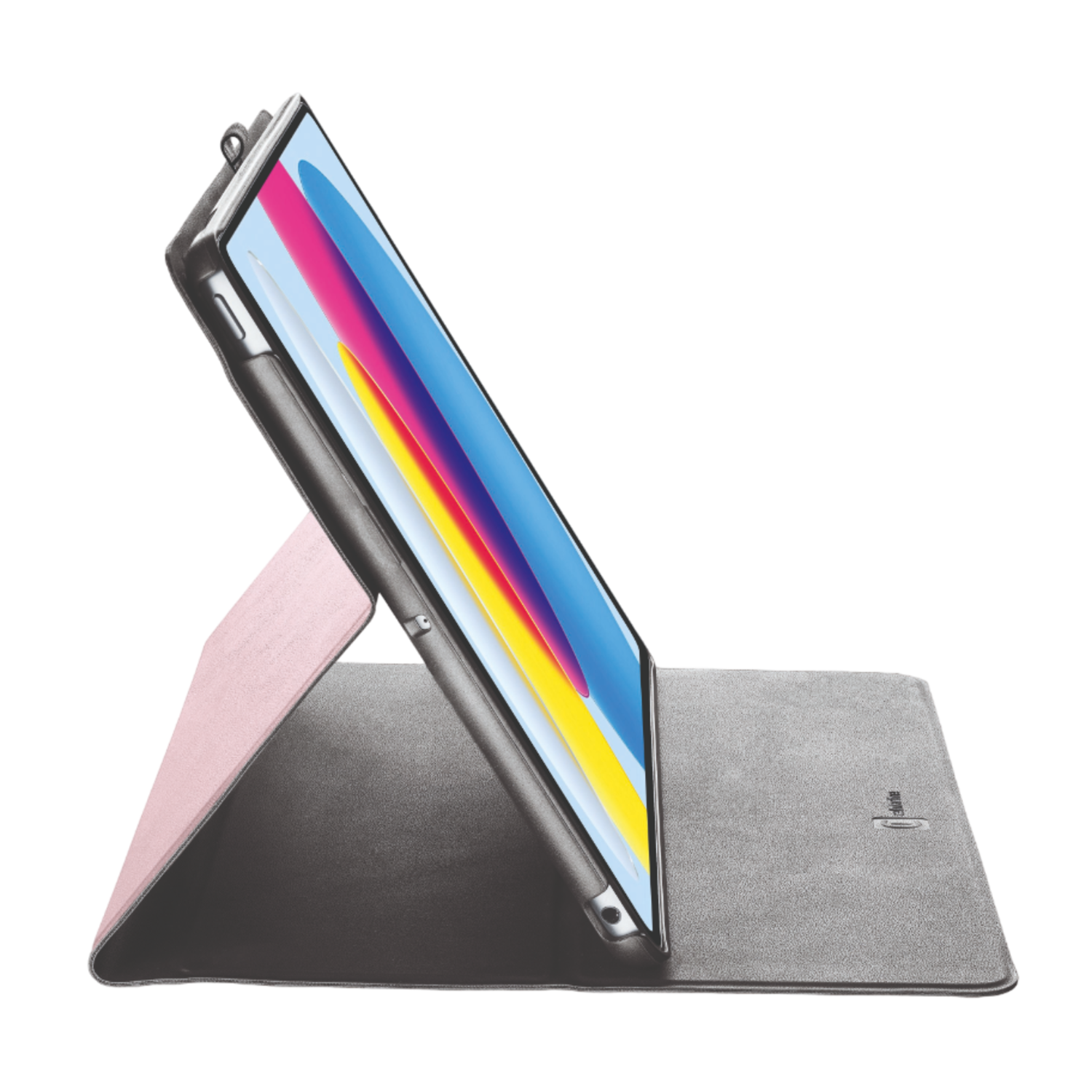 Tablet in een roze en grijze hoes, met een stylus, op een zwarte achtergrond.