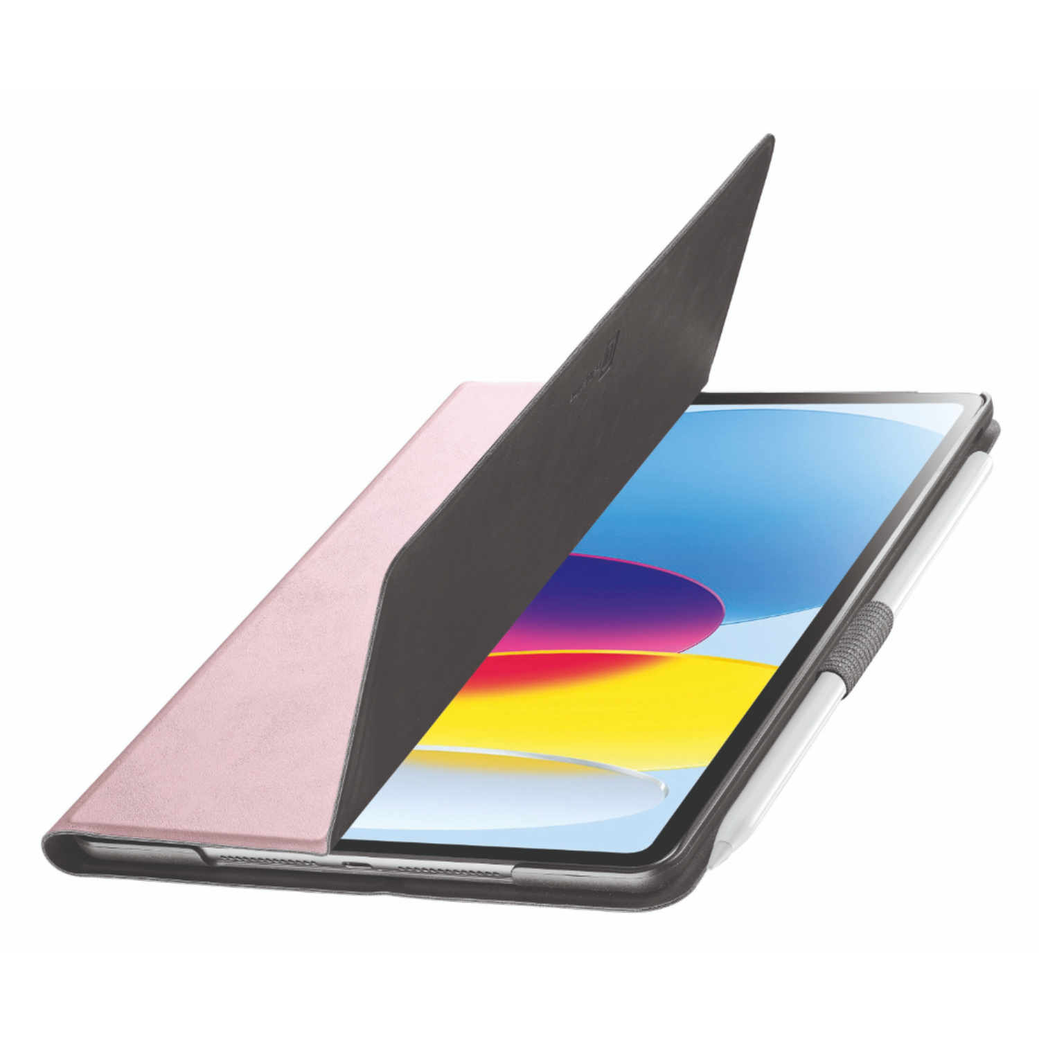 Een tablet in een roze hoes, de hoes is open en toont het scherm.