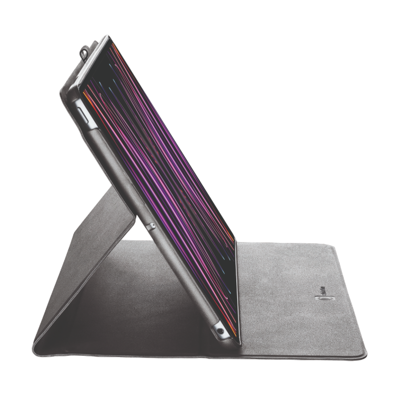 Een tablet in een donkergrijze hoes, gekanteld met lijnen op het scherm. Open.