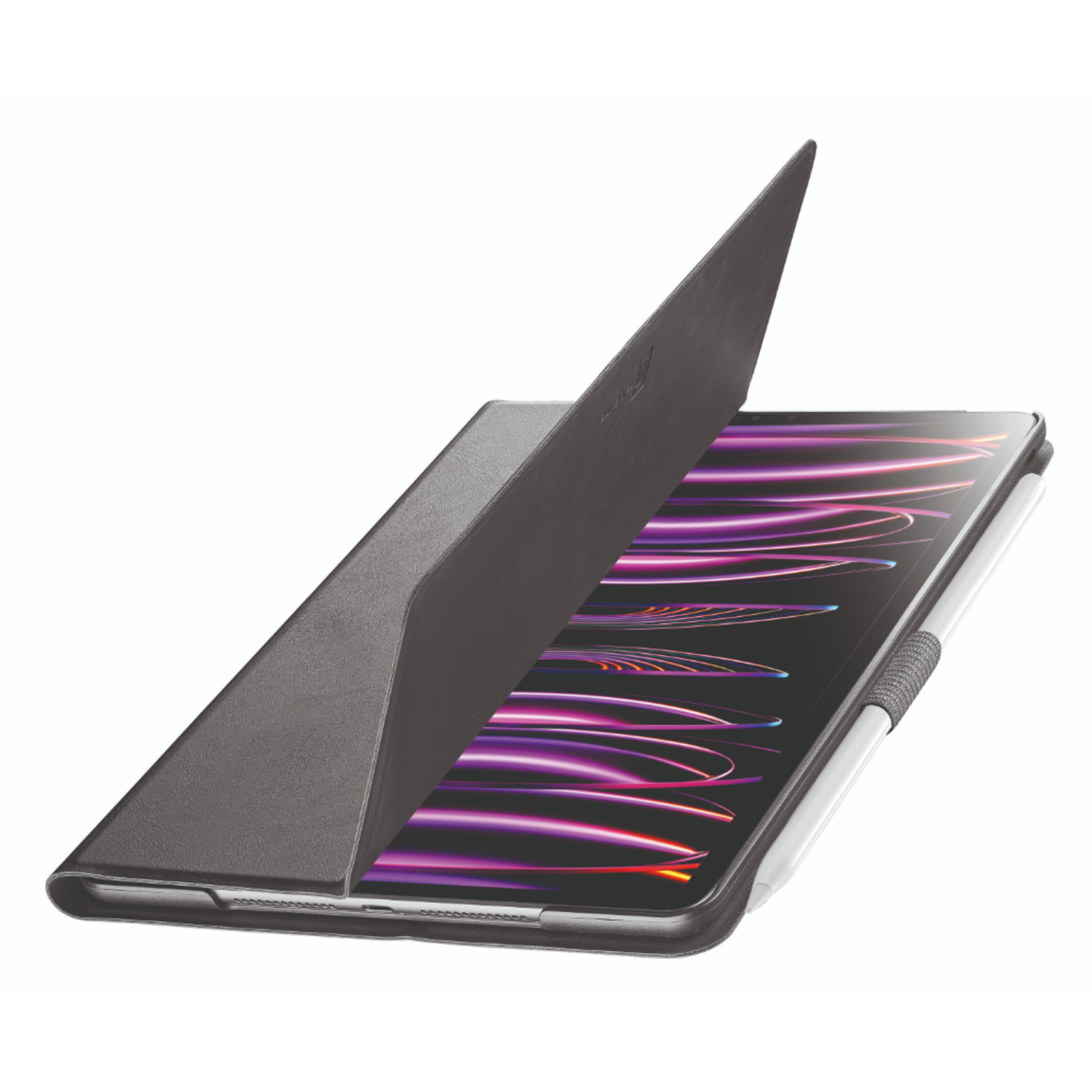 Een tablet met een donkere hoes gedeeltelijk open, met een stylus bevestigd. Het scherm toont een kleurrijke afbeelding.