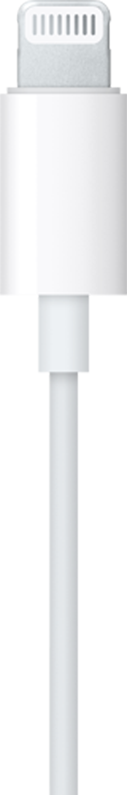 Nahaufnahme eines weißen Lightning-Kabelanschlusses. Das Kabel ist weiß, der Hintergrund schwarz.