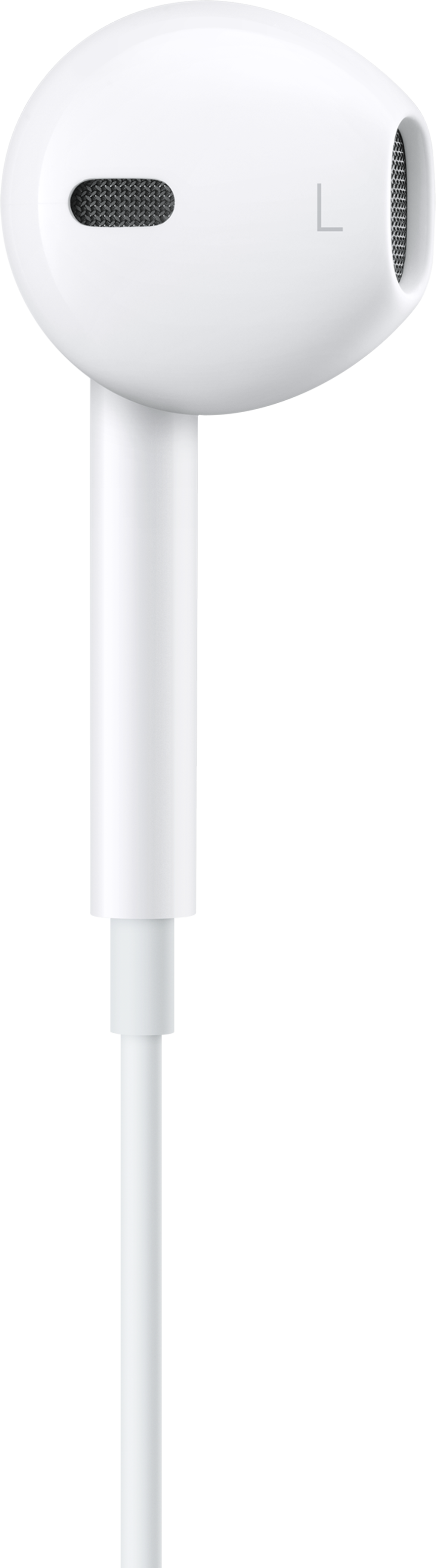 Weißer Ohrhörer mit Mesh-Ende und weißem Kabel.