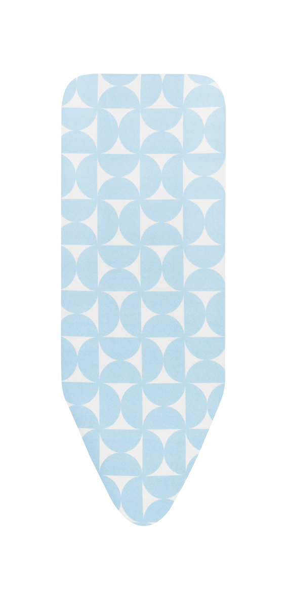 Hellblaue Bügelbrettabdeckung mit einem geometrischen Muster aus hellblauen und weißen Halbkreisen.