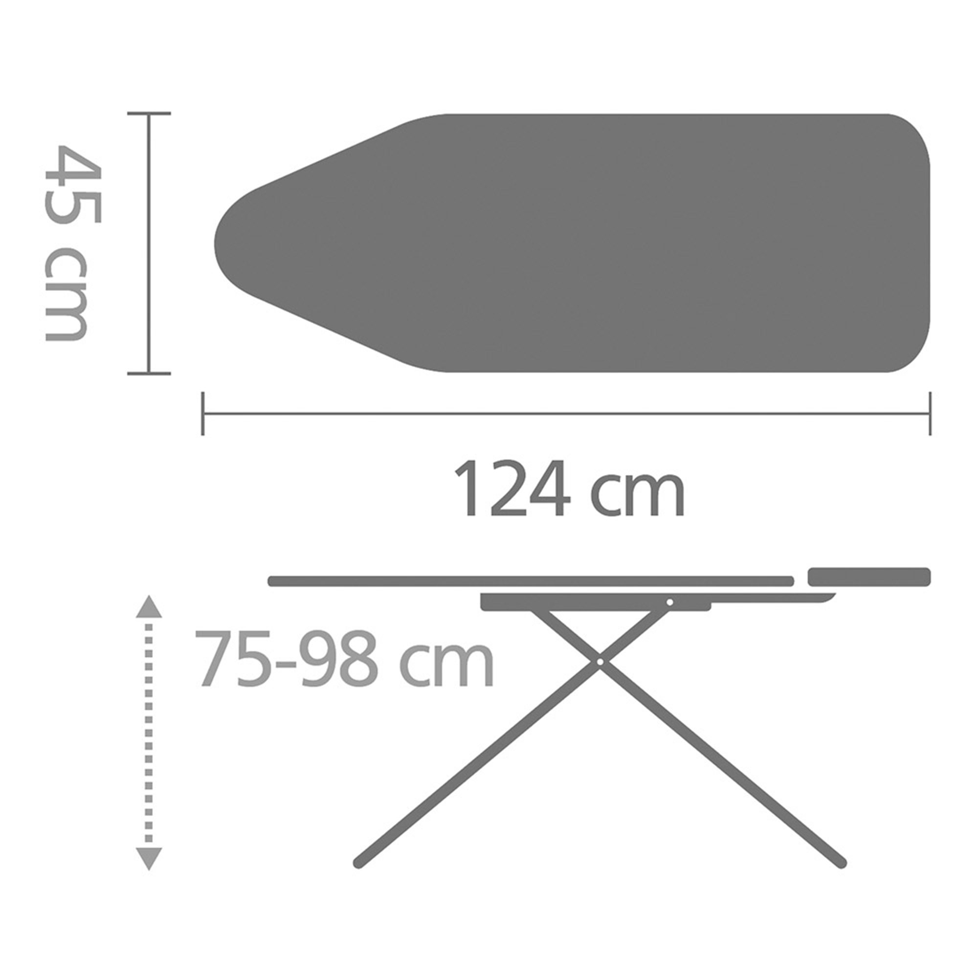 Bügelbrett-Grafik. Maße: 124 cm lang, 45 cm breit, höhenverstellbar 75-98 cm.