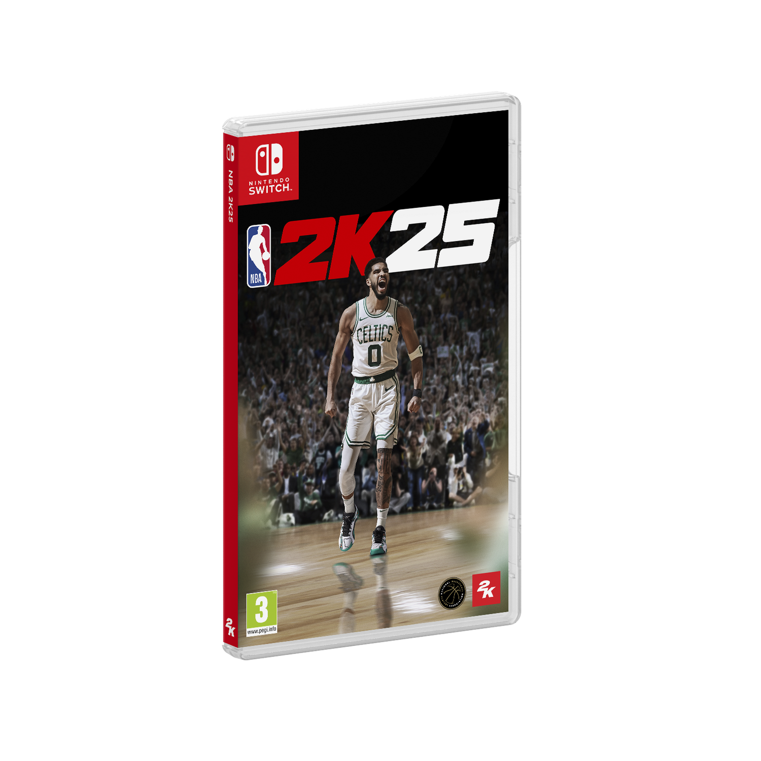 Caja de videojuego con NBA 2K25. La portada muestra un jugador de baloncesto con una camiseta blanca. El fondo es negro.