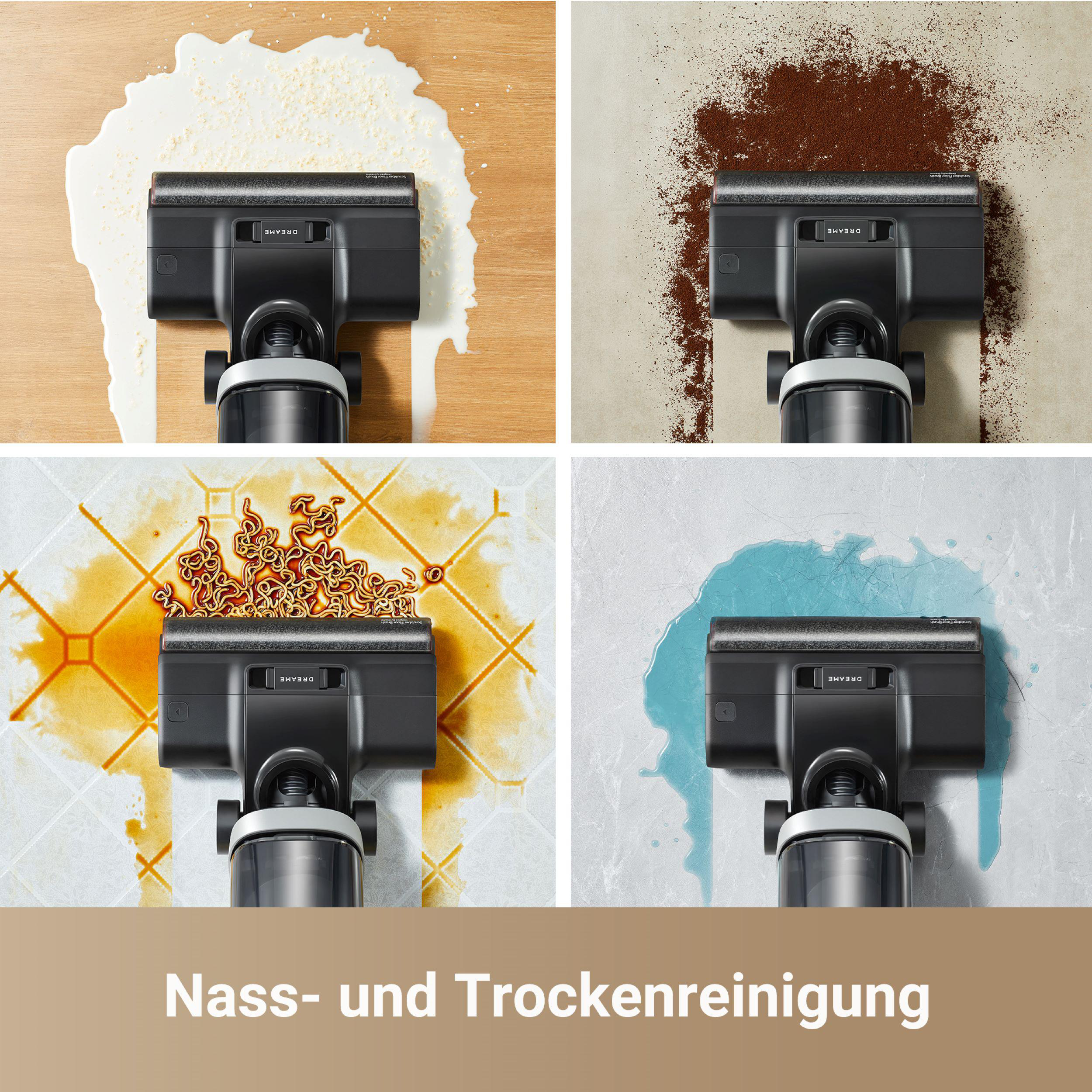 Vier Bilder, die einen Staubsaugerkopf zeigen, der verschüttete Flüssigkeiten, Kaffeepulver, Nudeln und Wasser reinigt.