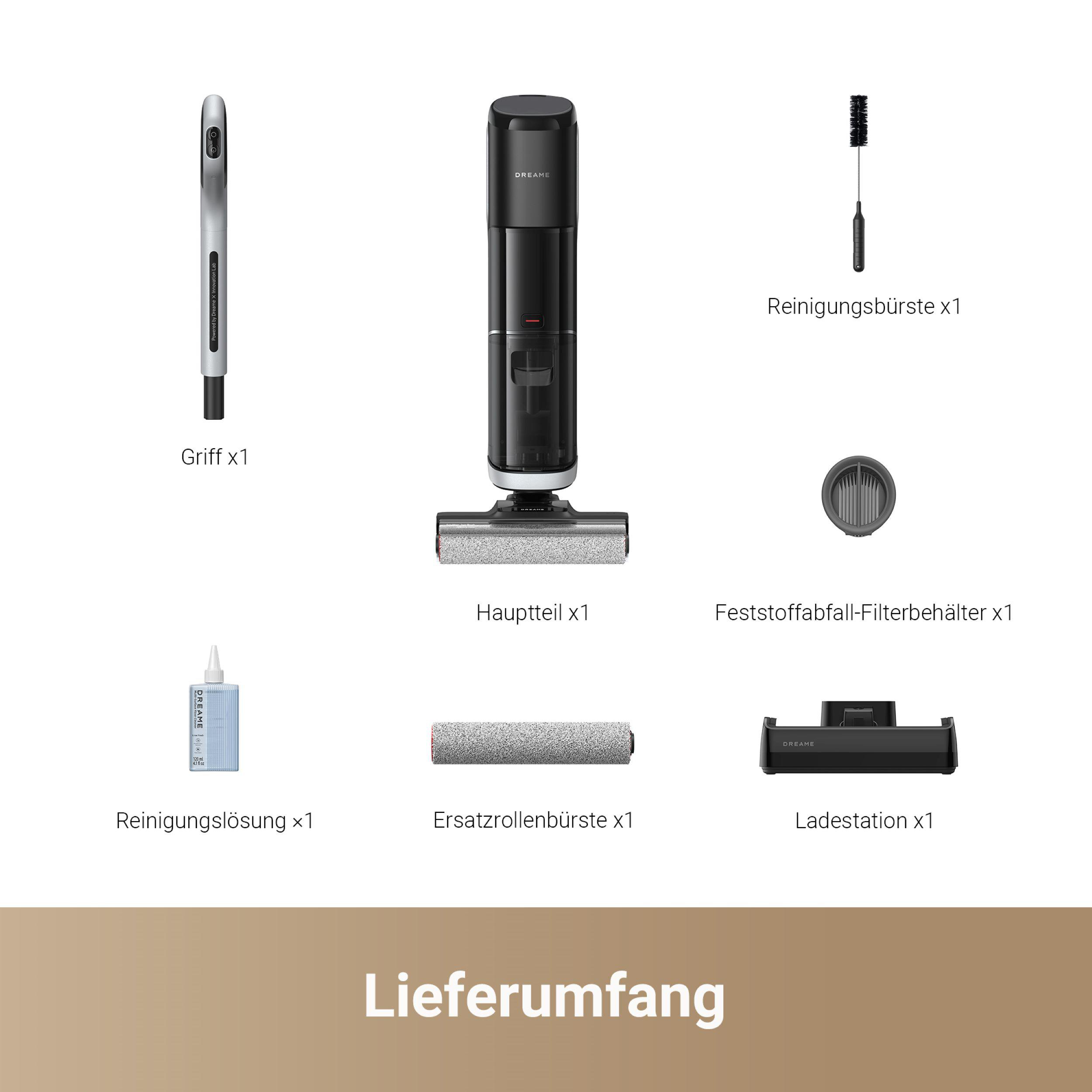 Staubsaugerteile auf weißer Oberfläche mit dem Wort 'Lieferumfang'.
