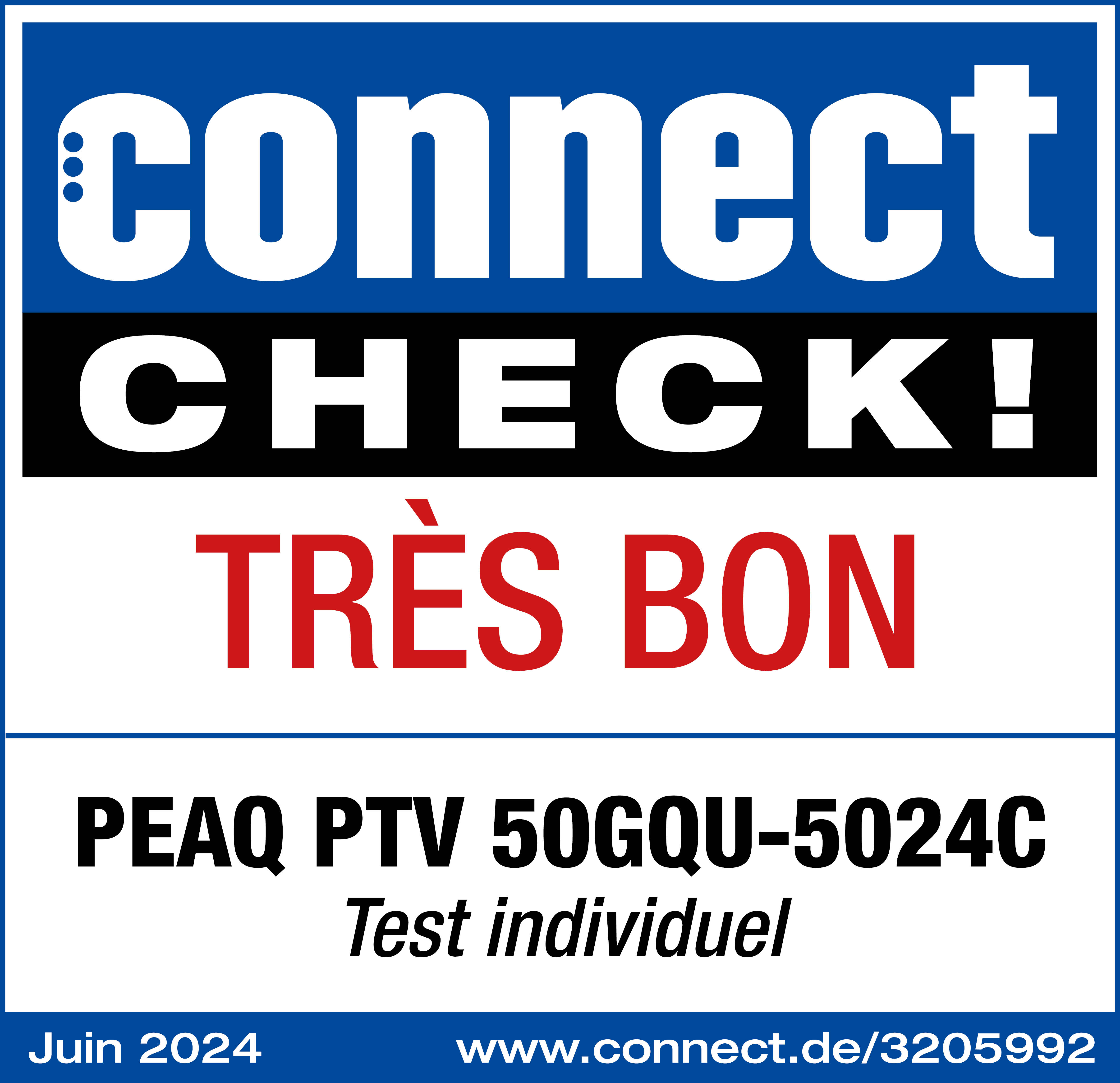 Logo Connect Check con testo, 'TRÈS BON' e informazioni sul prodotto. Sfondo blu.