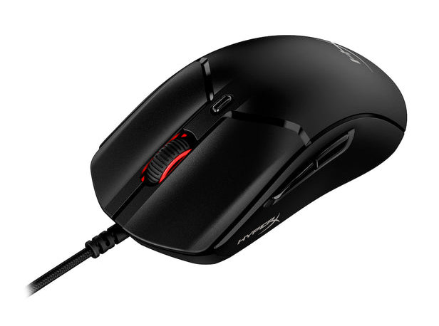 Czarna mysz gamingowa z czerwonym kółkiem przewijania i bocznymi przyciskami, na białym tle.