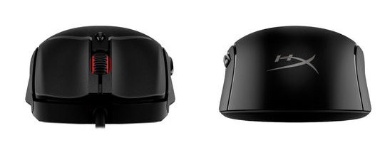 Czarna mysz gamingowa HyperX. Widok z góry i z boku, czerwone akcenty. Widoczne logo HyperX.