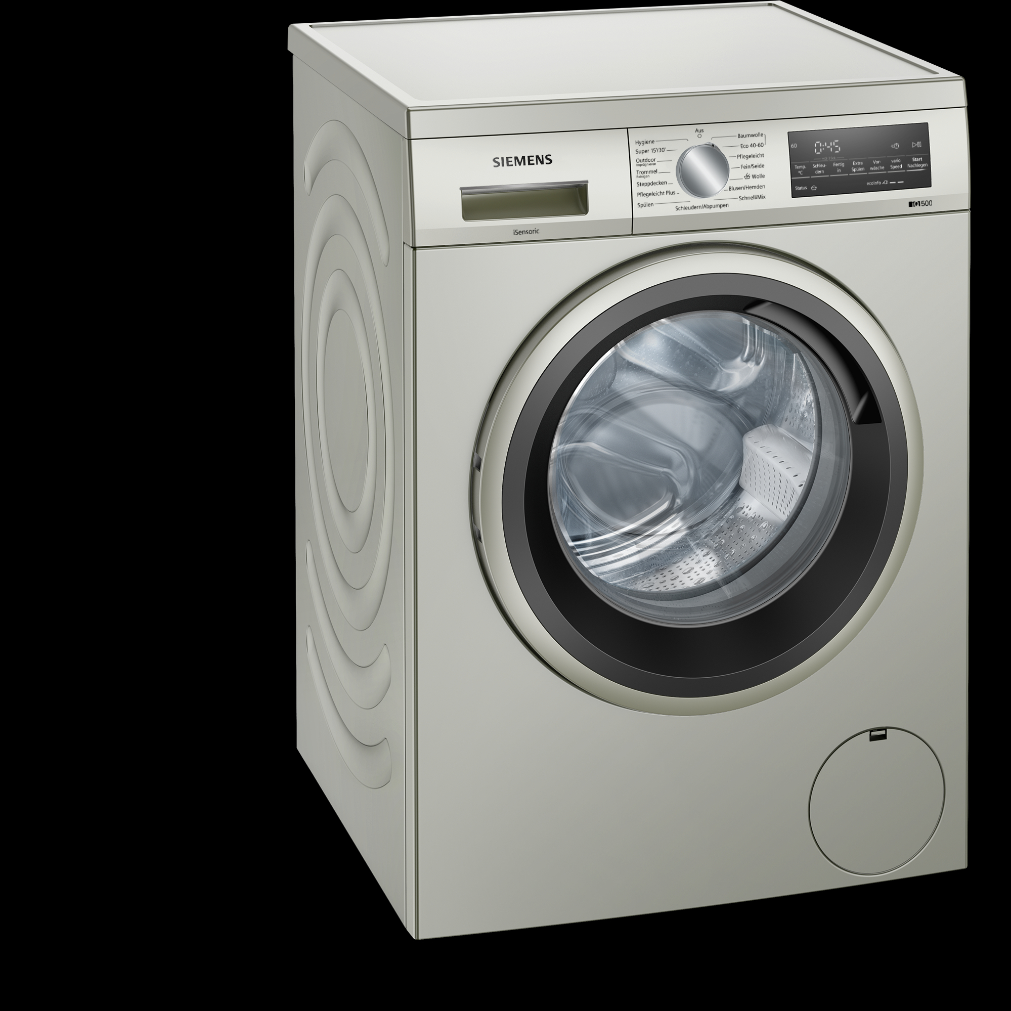 Eine silberne Waschmaschine mit dunkler Tür. Das Siemens-Logo ist oben sichtbar.