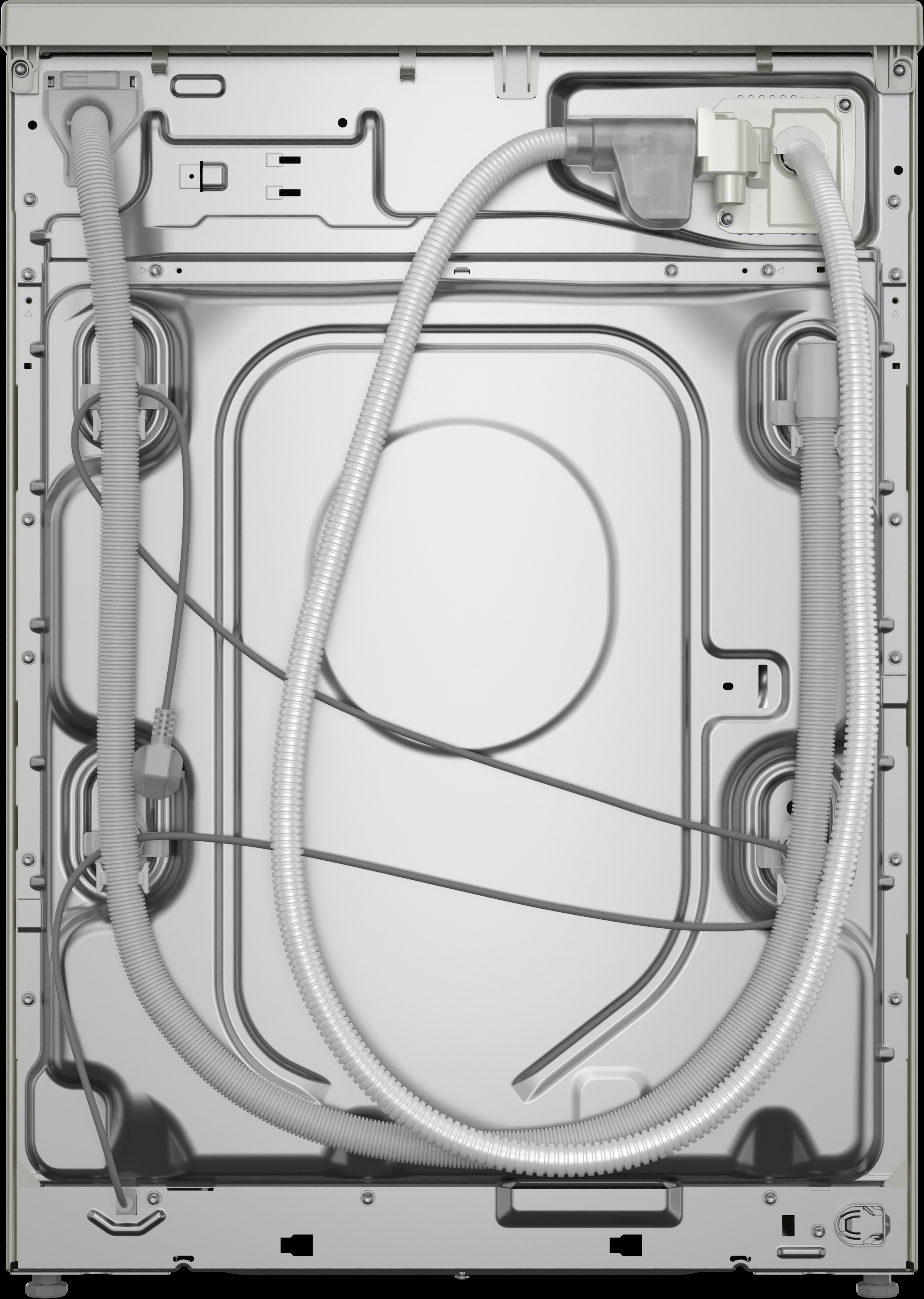 Rückseite einer Waschmaschine. Schläuche, Kabel und Innenteile sind sichtbar.
