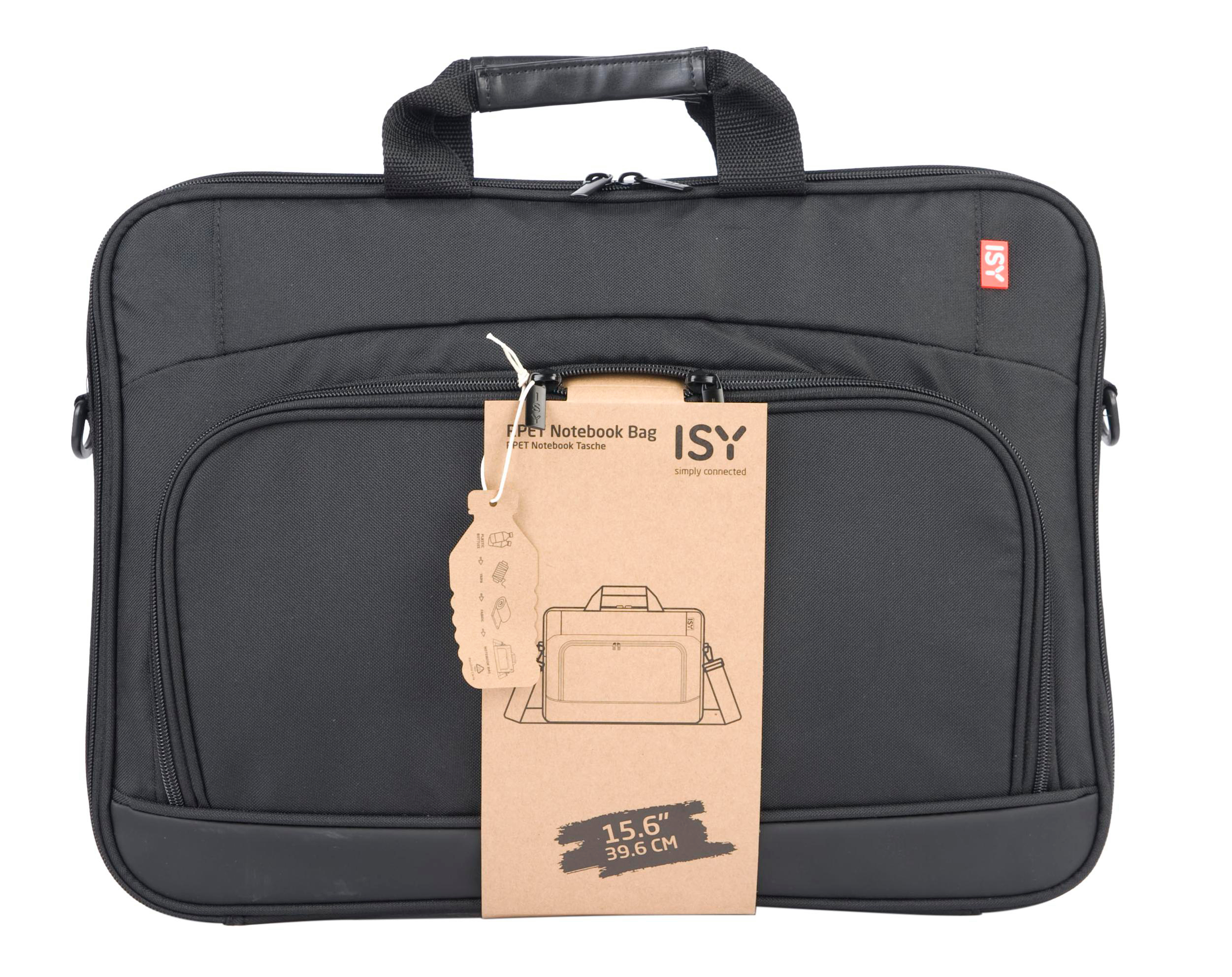 Schwarze Laptoptasche mit Etikett auf der Vorderseite. Die Tasche hat Griffe und einen Reißverschluss.