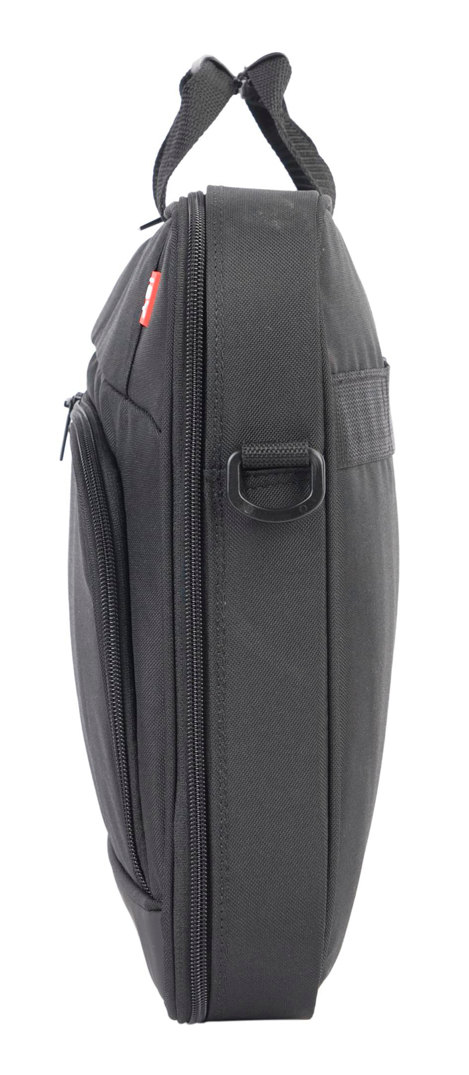 Eine schwarze Laptoptasche. Seitenansicht mit Griff und Reißverschluss.