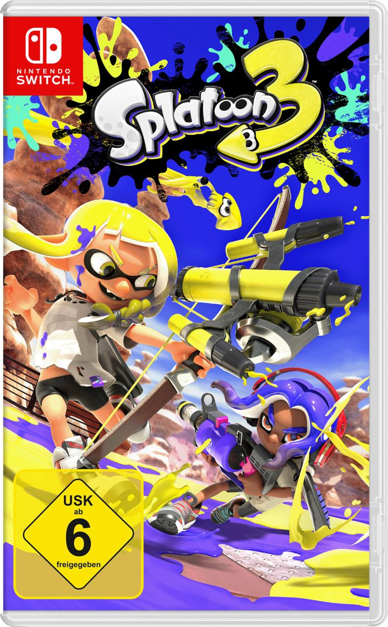 Splatoon 3 Spielbox für Nintendo Switch. Charaktere und Logo sichtbar. Blau und Gelb.