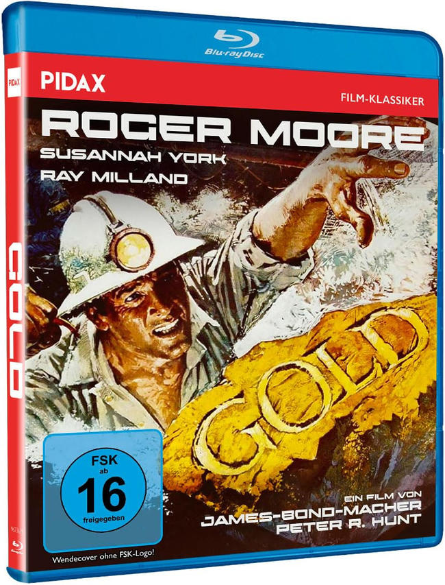 Blu-ray-Disc-Hülle für den Film 'Gold' mit Roger Moore, auf weißem Hintergrund.