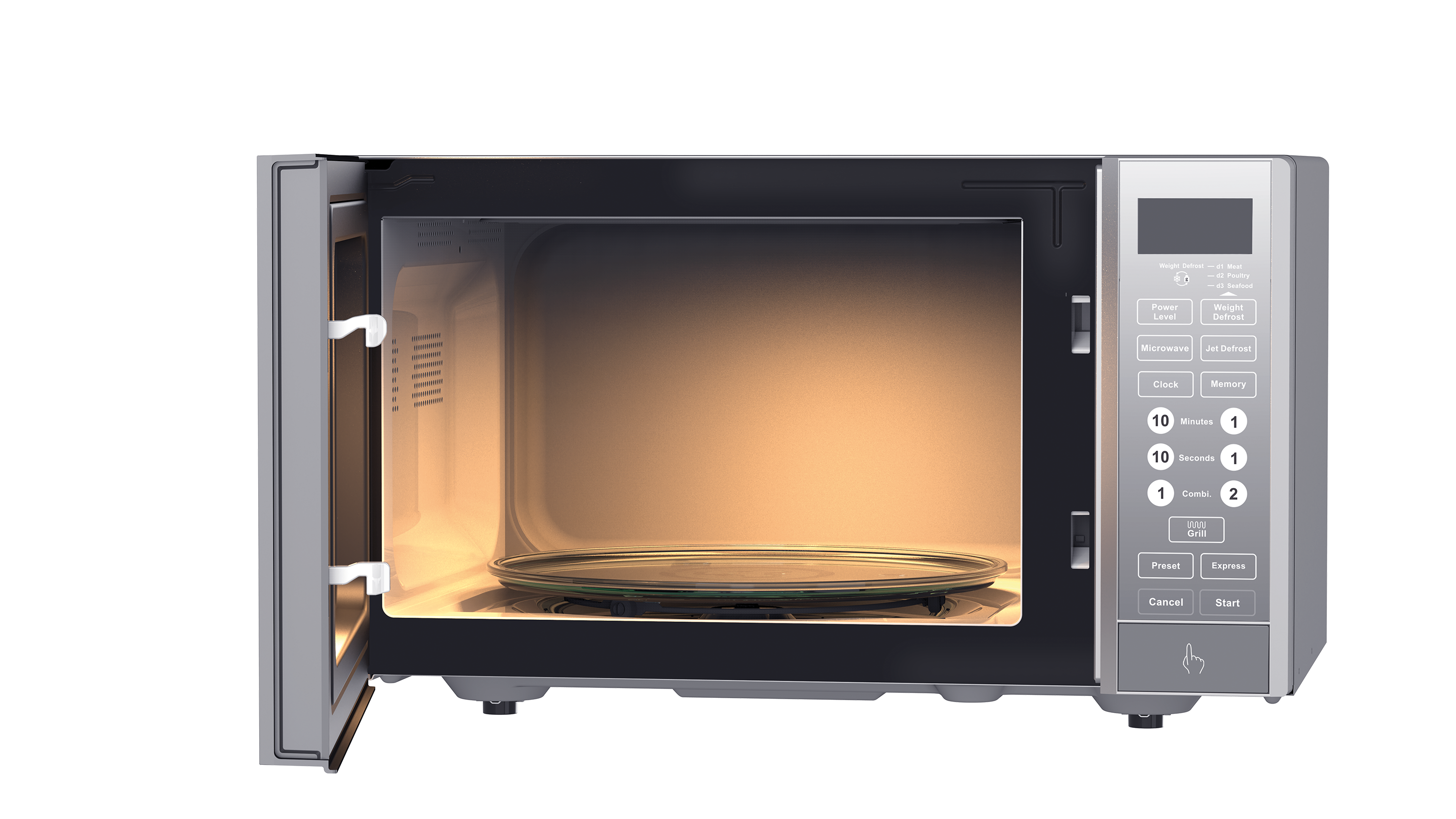 Horno microondas abierto para revelar un plato de vidrio en el interior, iluminado por una luz interna.