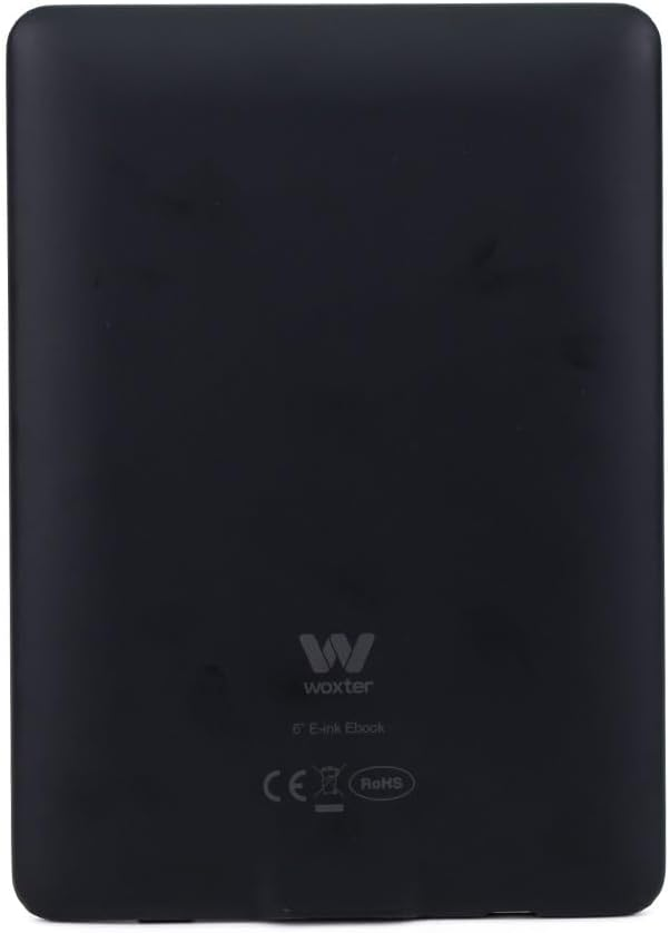 E-book de tinta electrónica negro, marca Woxter, con logotipo y marcas regulatorias. Vista trasera.