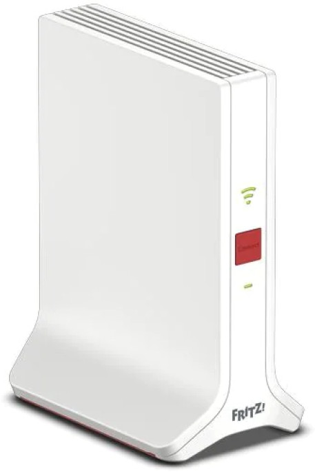 Routeur blanc avec bouton rouge et lumières vertes. Logo Frit!