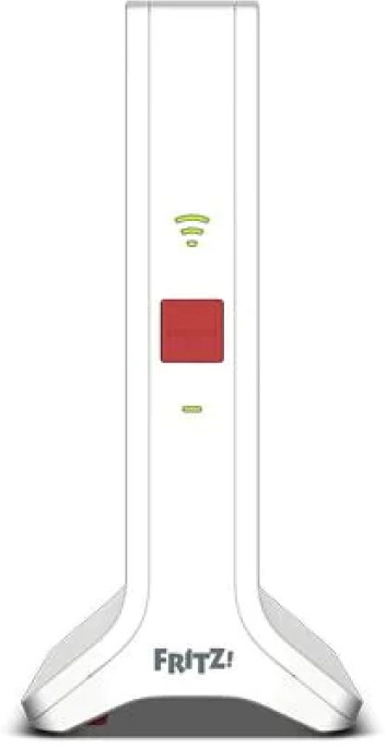 Routeur blanc avec bouton rouge et lumières vertes. Fond blanc.
