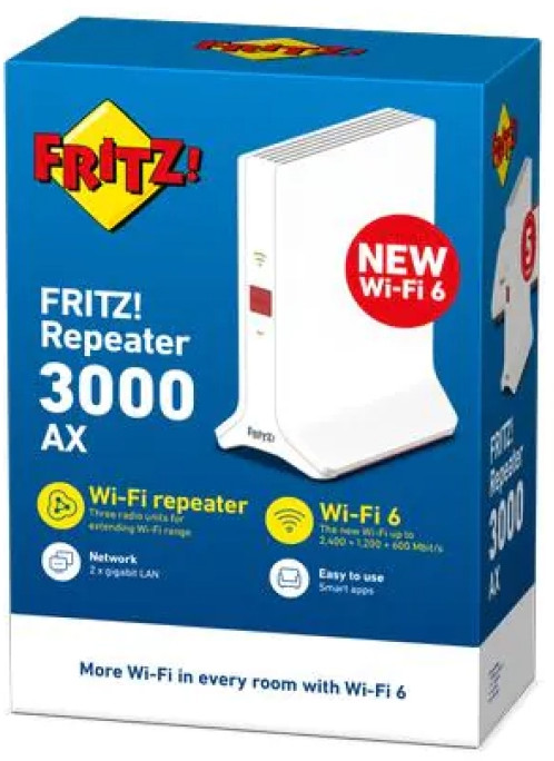 Boîte bleue avec routeur blanc et texte : FRITZ! Répéteur 3000 AX. Wi-Fi 6 et fonctionnalités listées.