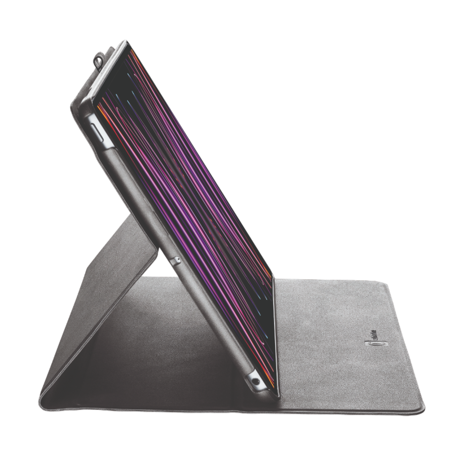 Een grijze tablet in een grijze hoes, open met een scherm met een paarse en witte gradiënt.