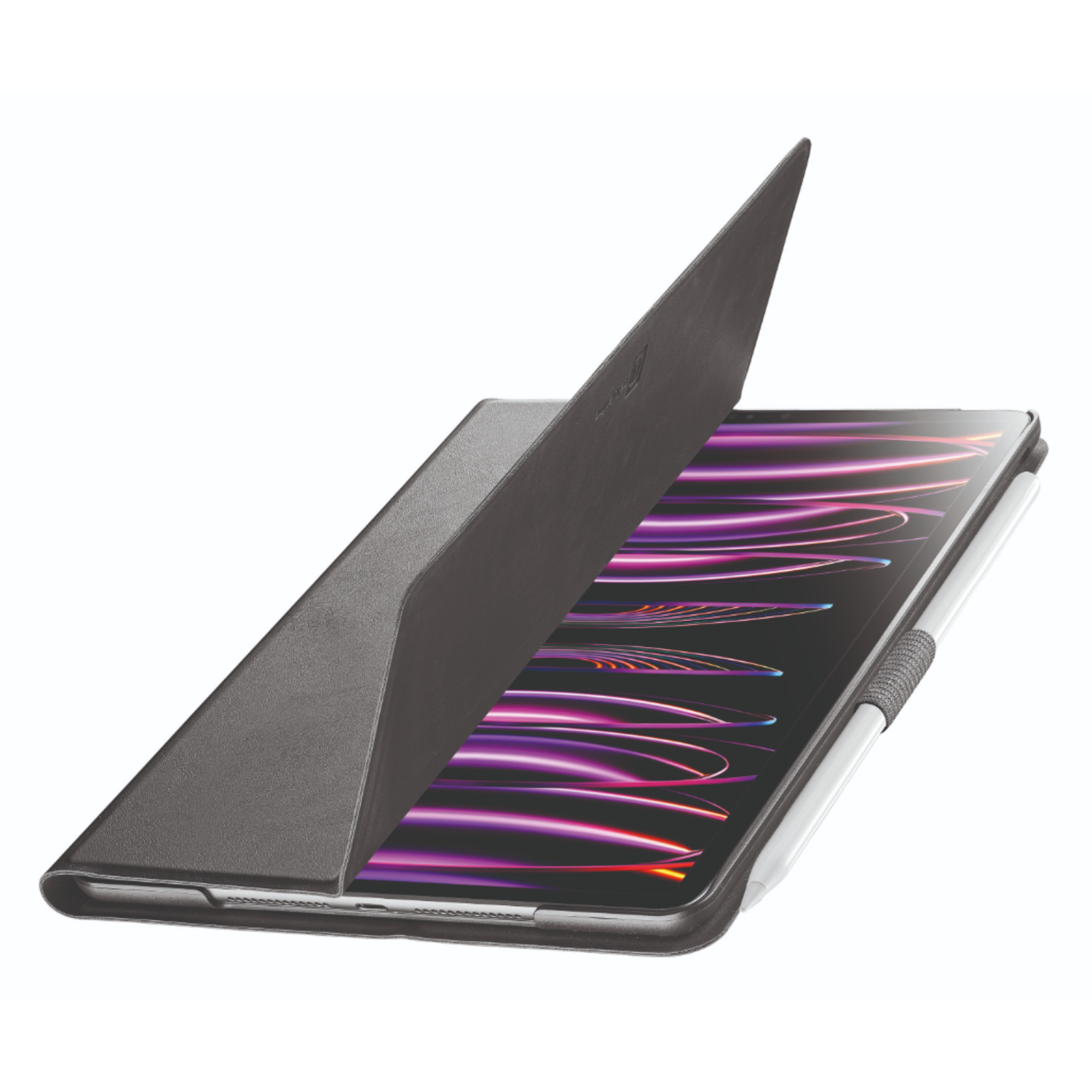 Tablet met een gedeeltelijk open hoes. De tablet is zwart met een stylus.
