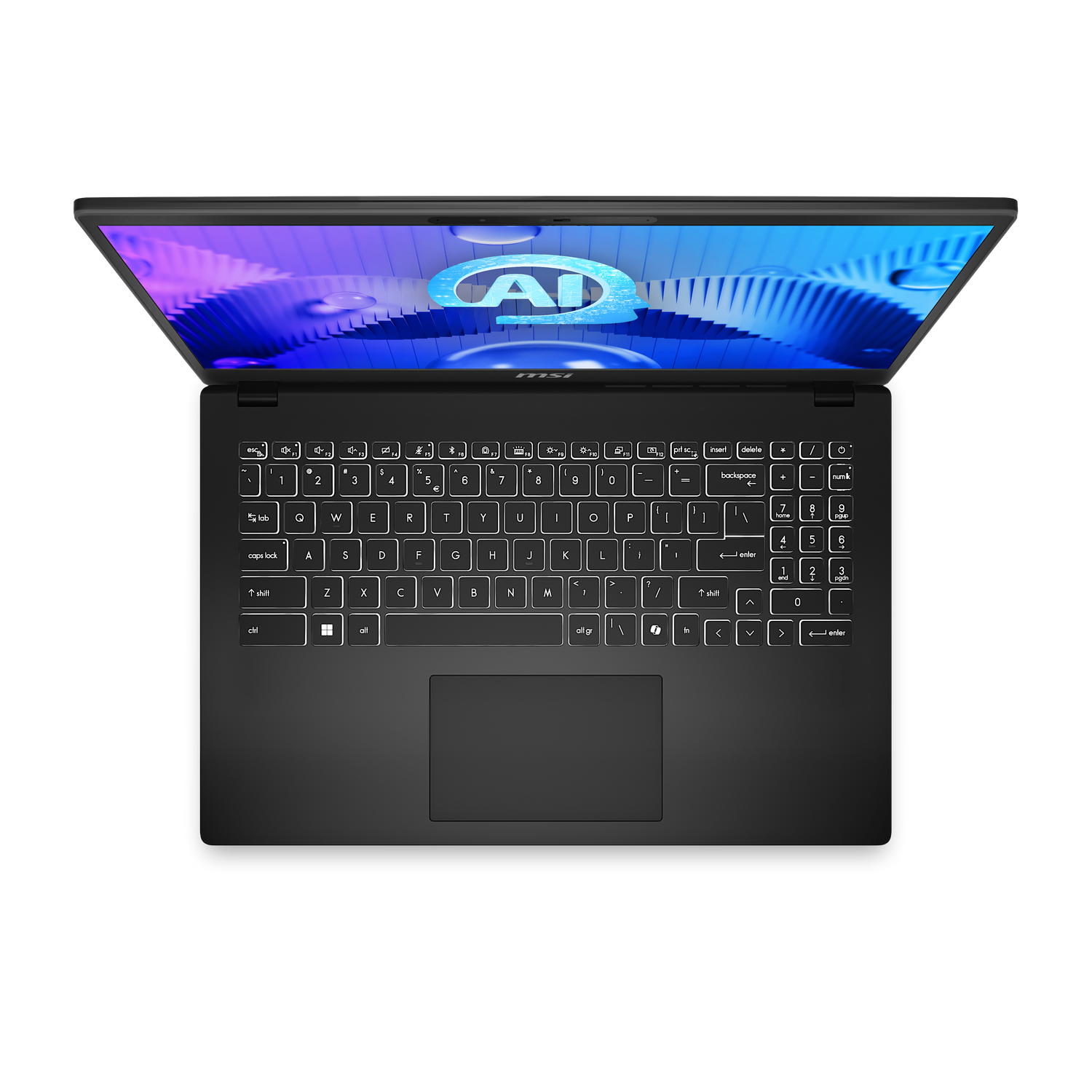 Un portátil negro con la tapa abierta, mostrando el logotipo de MSI y un diseño azul/morado en la pantalla.