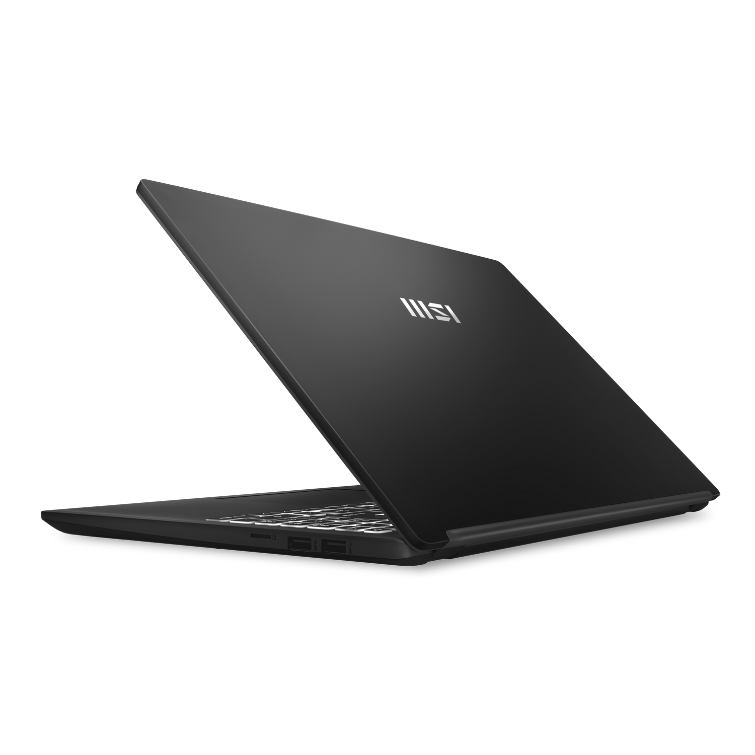 Portátil negro con la tapa ligeramente abierta, mostrando la pantalla y el logo MSI.