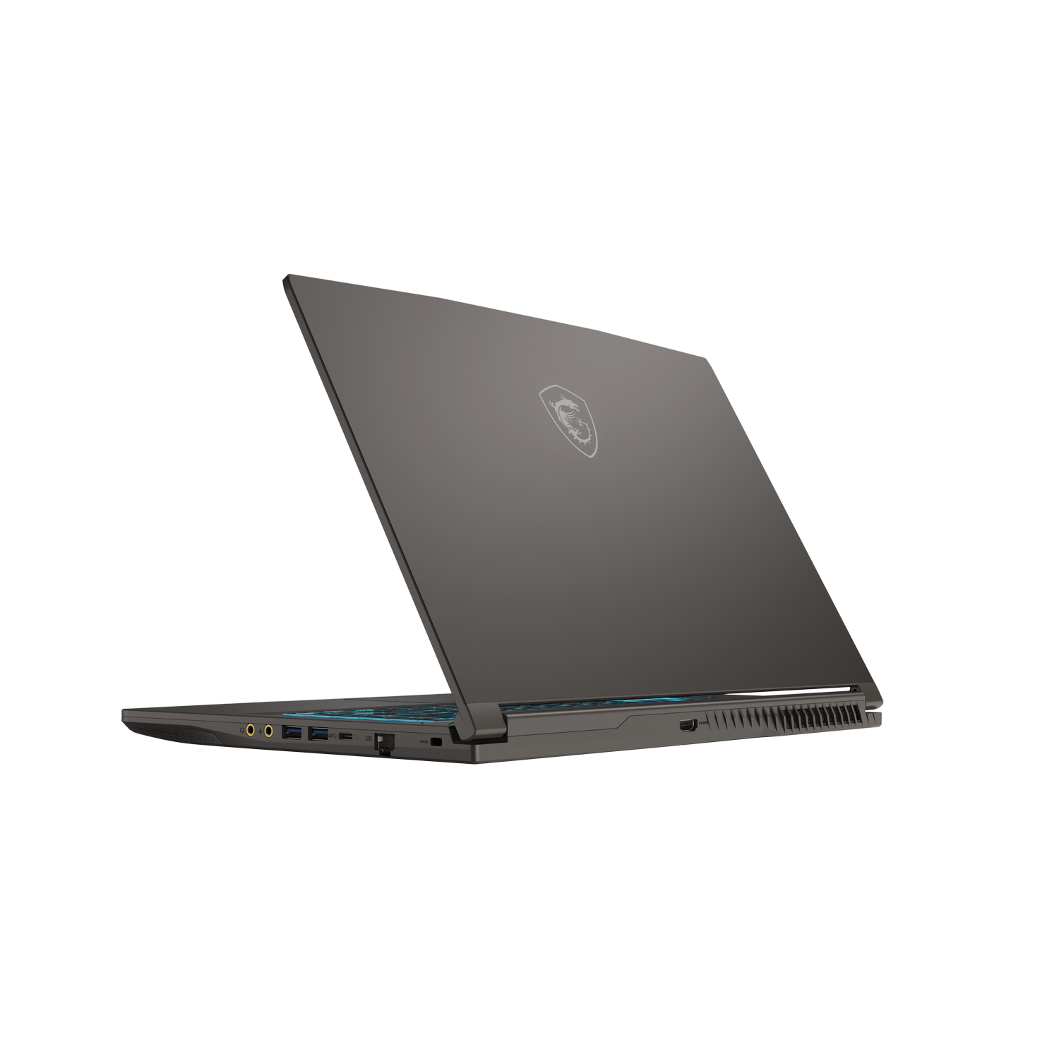 Un portátil gris oscuro con la pantalla abierta, mostrando el teclado.