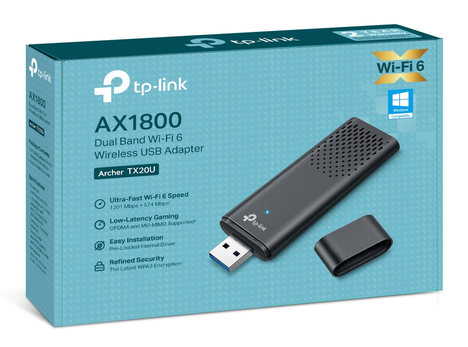 Adapter TP-Link AX1800 Dual Band Wi-Fi 6 i pudełko, białe tło.