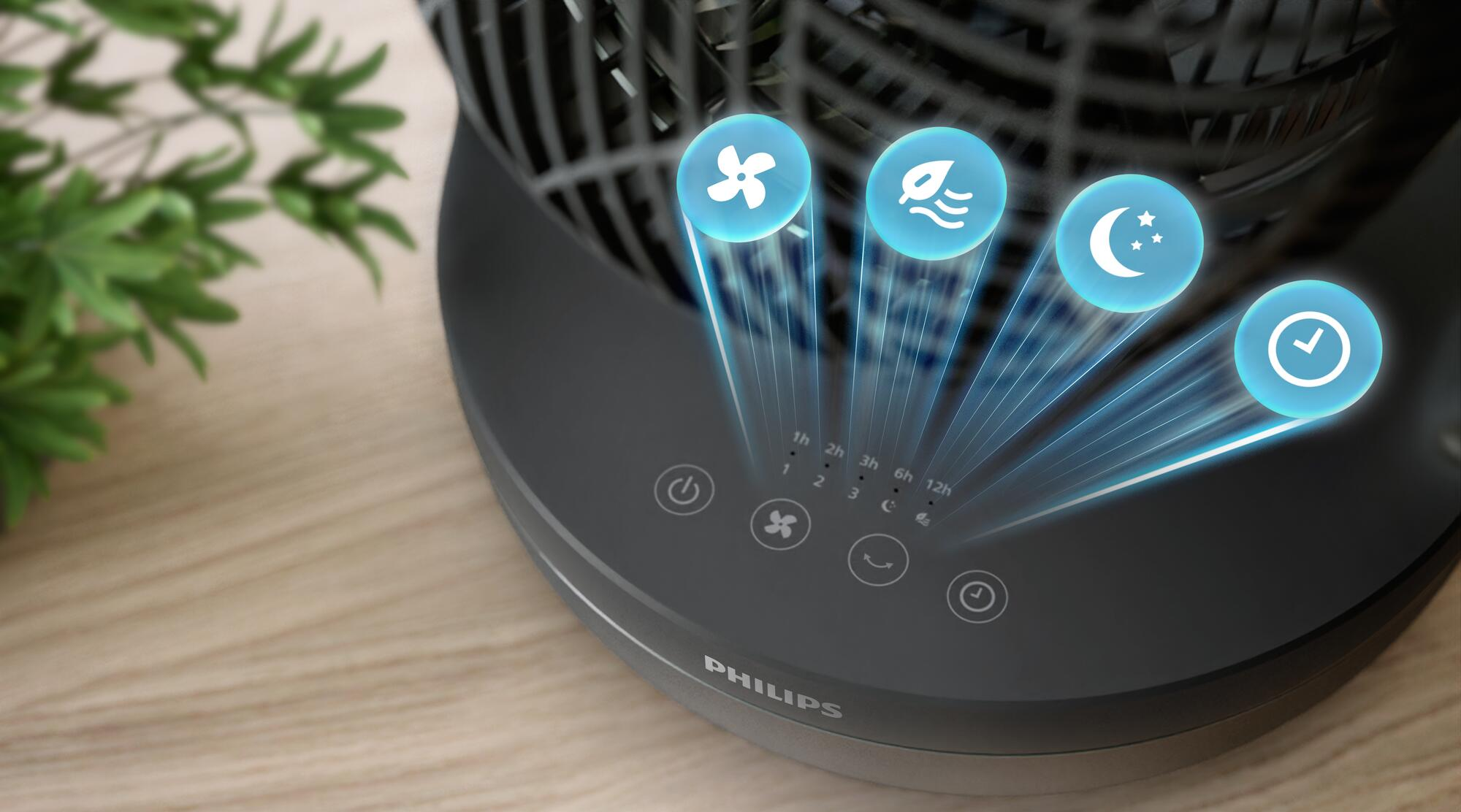 Ventilador con panel de control que muestra diferentes modos y ajustes de temporizador.