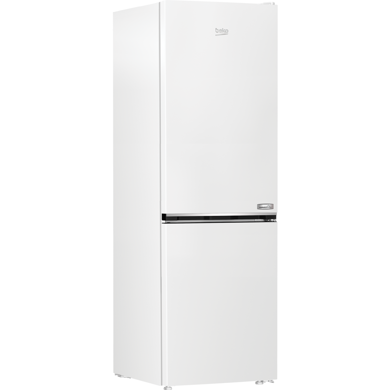White refrigerator with two doors. The Beko logo is at the top.