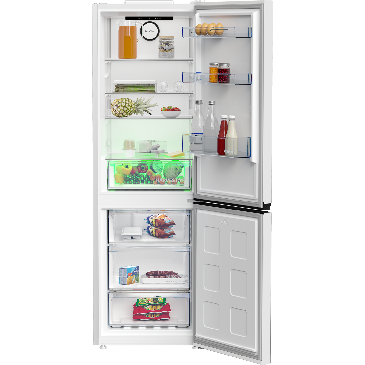 A white refrigerator with an open door, showing shelves with food and a drawer with vegetables inside.