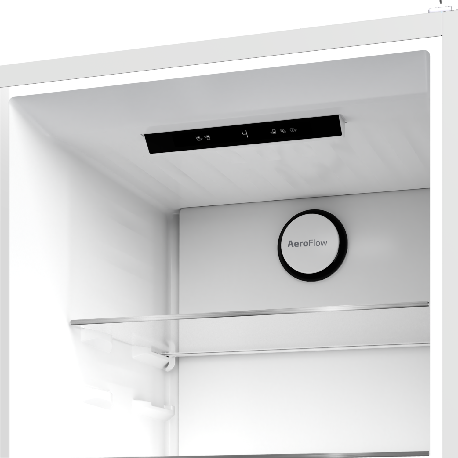 Inside a white refrigerator with a control panel, shelves and AeroFlow symbol.
