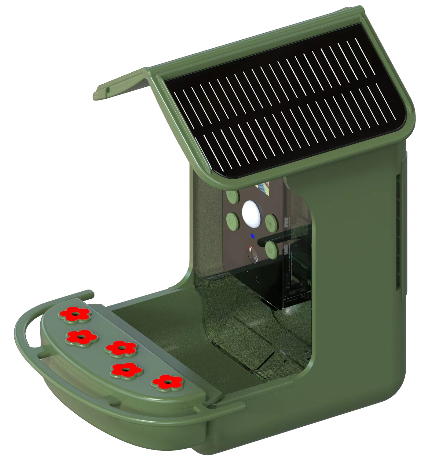 Grüner, solarbetriebener Vogelfutterautomat mit roten Blümchen.