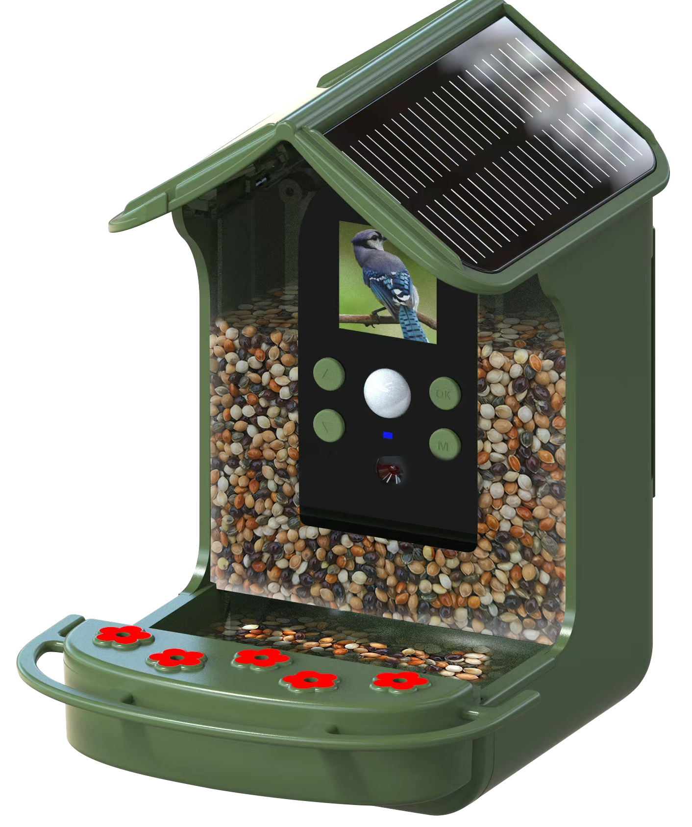 Grüner Vogelfutterautomat mit Kamera und Solarpanel oben.