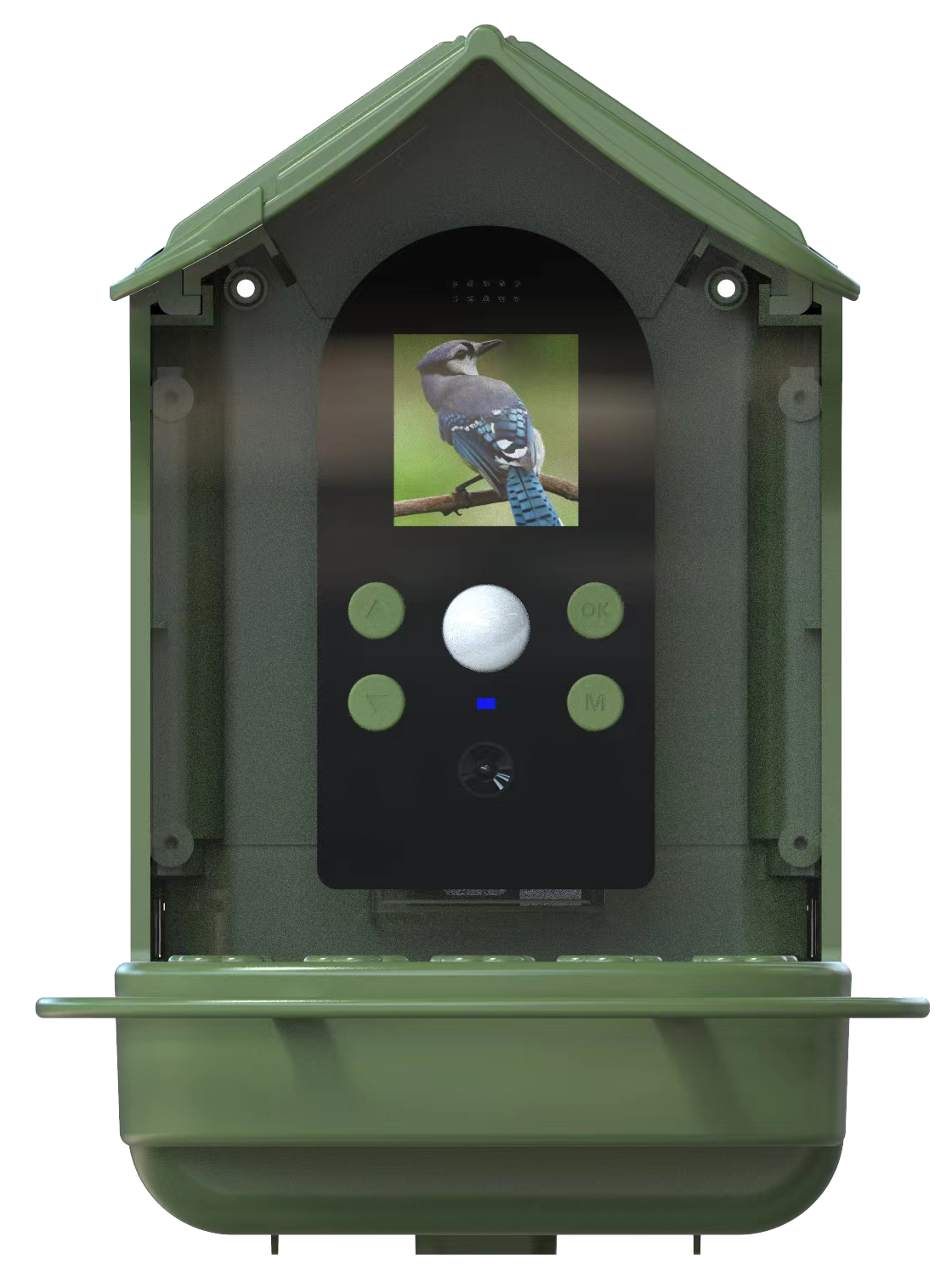Eine Vogelhaus-Kamera, die ein Vogelbild anzeigt, mit Knöpfen und einem Futterspender darunter.