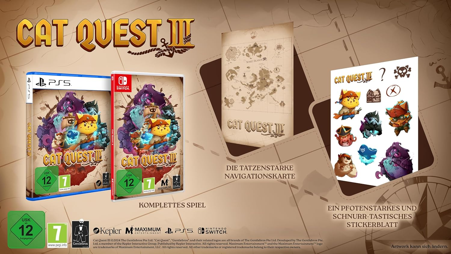 Spielbox für 'Cat Quest III' mit Spiel-Assets auf einer Karte.