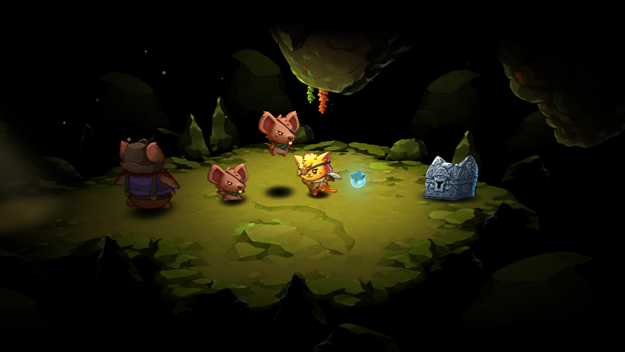 Eine Fantasy-Spielszene mit Cartoon-Mäusen, einer Katze, einem Schatz und einem dunklen, höhlenartigen Hintergrund.