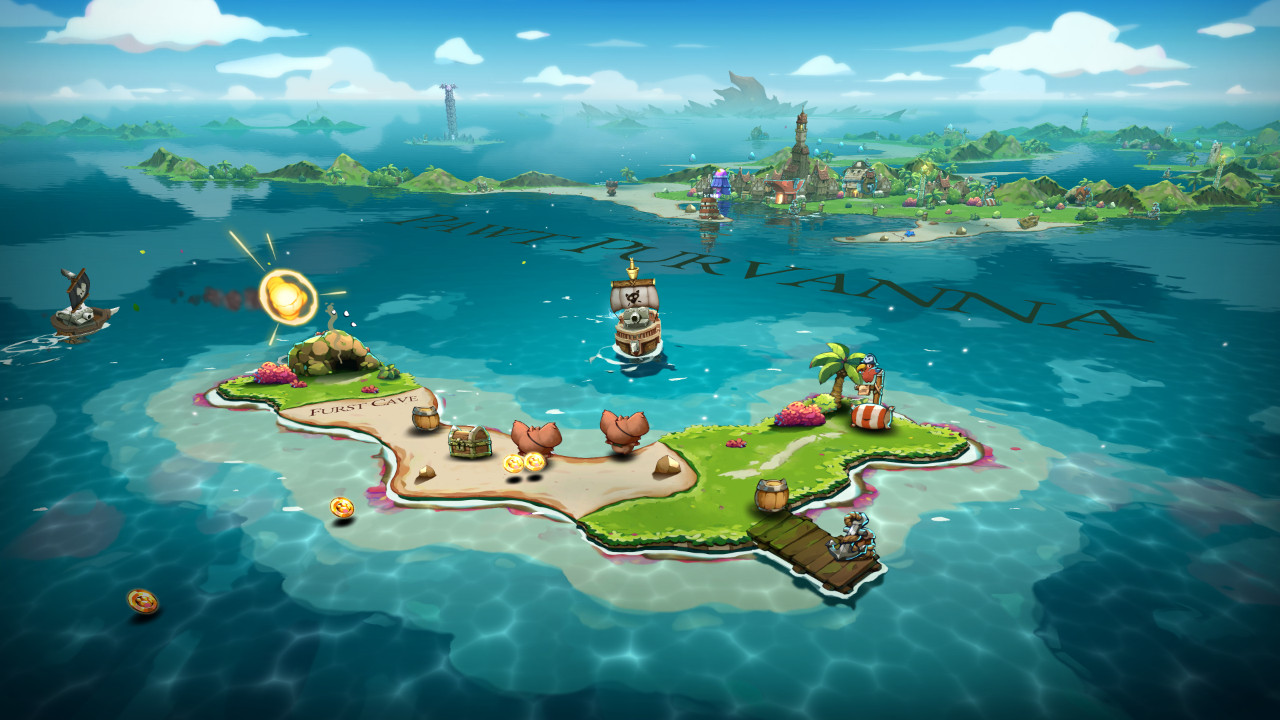 Eine cartoonartige Insel, mit Piratenschiff, Schätzen und Inseln. Das Wasser ist blau.