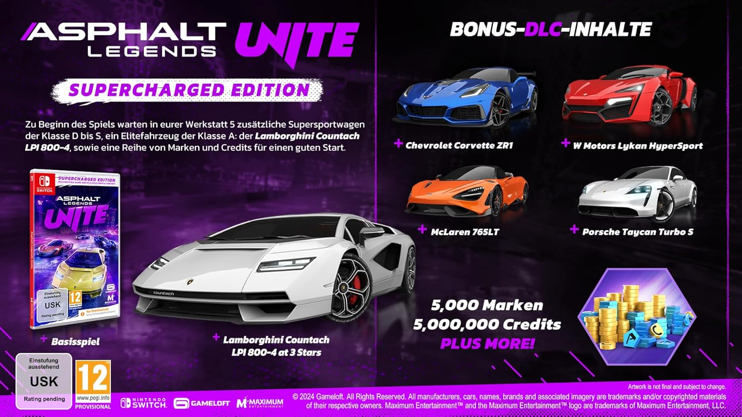 Asphalt Legends Unite-Spielcover mit Autos und ein Bonuspack-Bild mit Autos, Münzen und Credits.