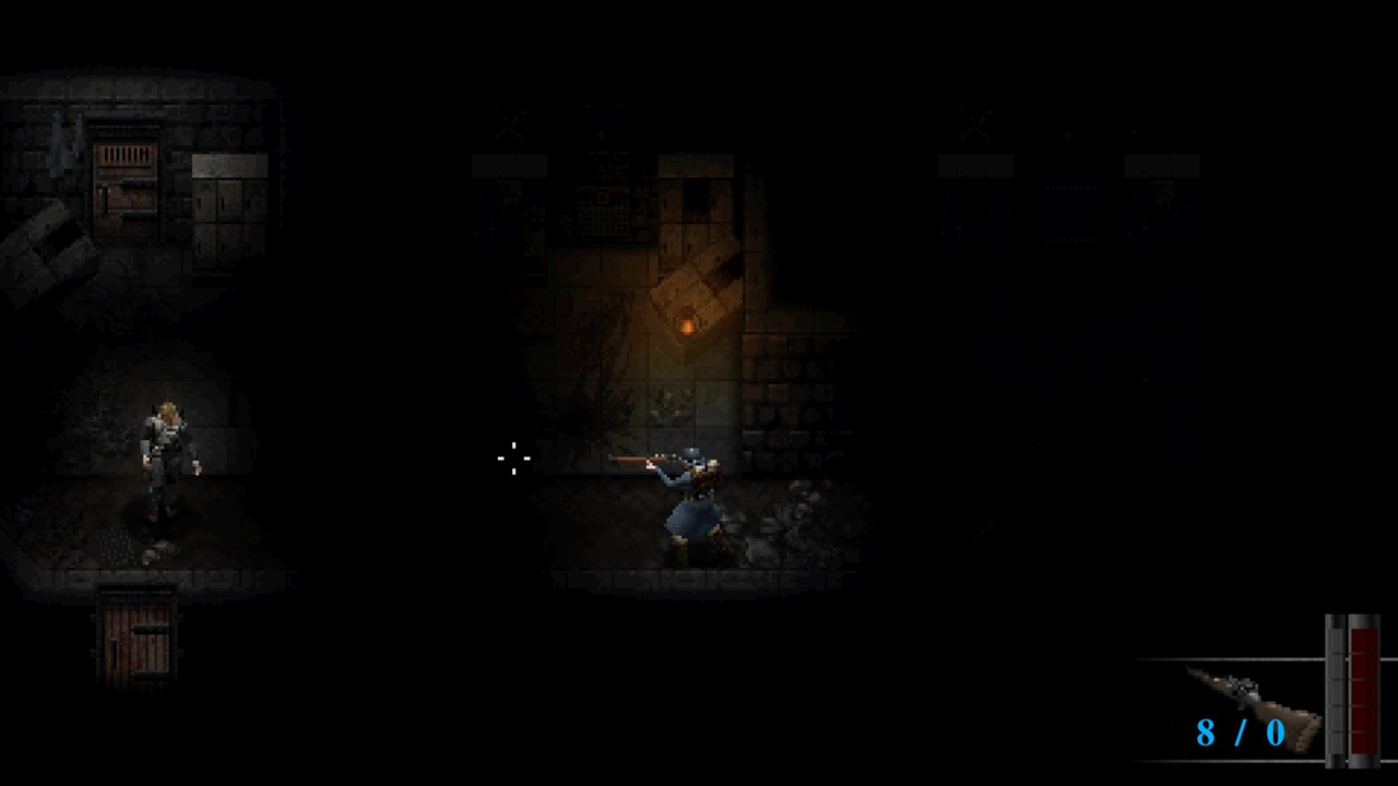 Ein verpixeltes Bild einer Dungeon-Szene mit zwei Figuren und einer Waffe.