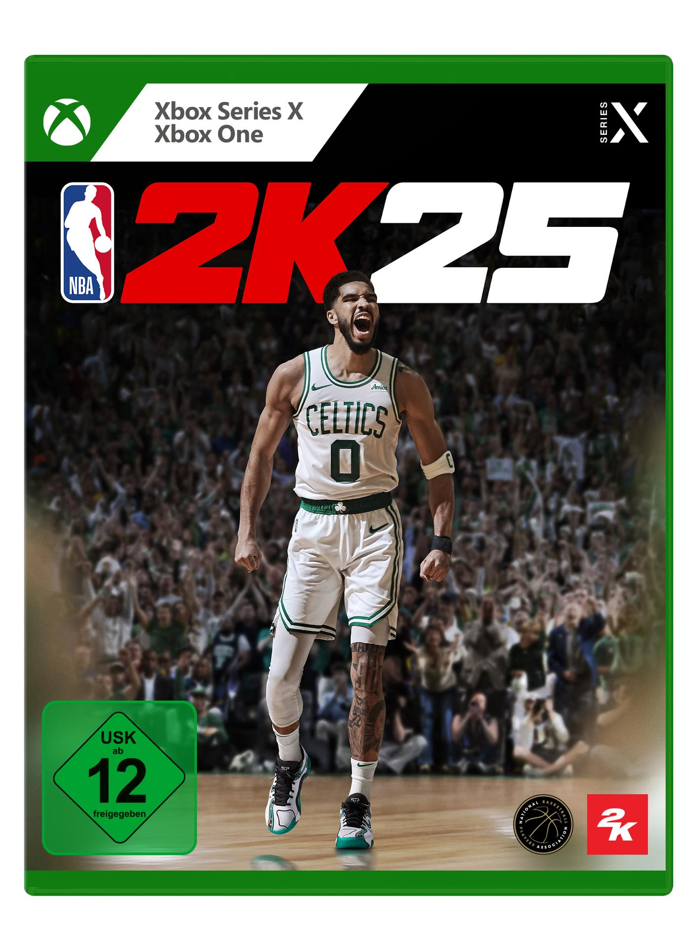 Xbox Series X Spielverpackung. NBA 2K25 ist auf dem Cover, mit Basketballspieler und grünen Akzenten.