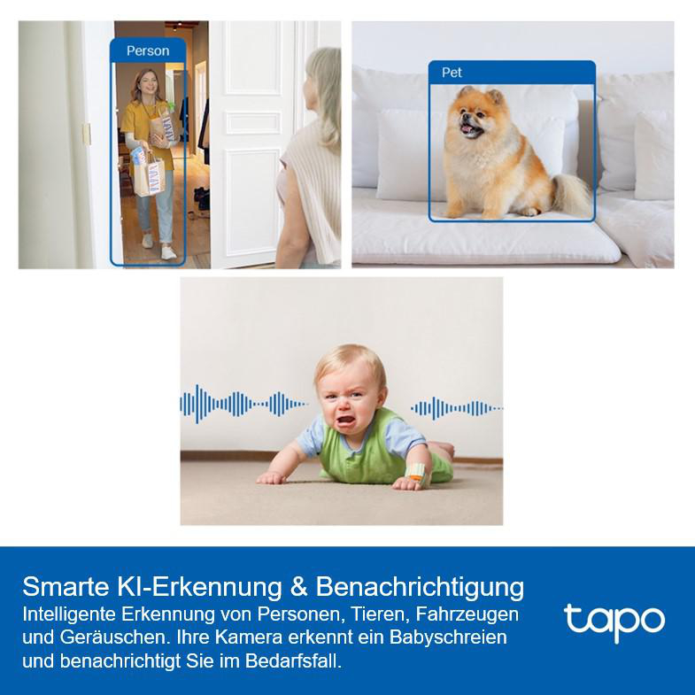 Drei Bilder: eine Person, ein Haustier, ein Hund und ein weinendes Baby. Die Szene ist im Haus.